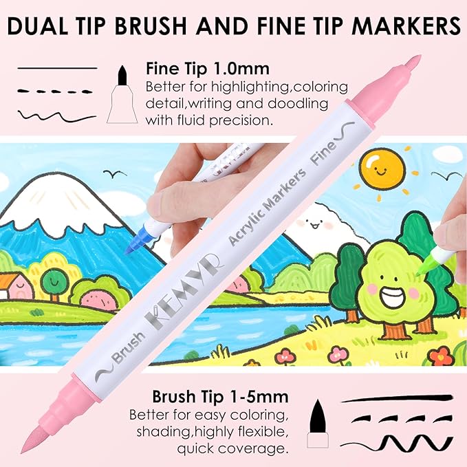 72 Colors Brush & Fine Tip Acrylic Paint Pens, Dual Tip Acrylic Paint Markers for Paper, Wood, Canvas, Stone, Rock, Glass, Fabric, DIY, Ceramic, Art Supplies for Kids and Adults Drawing