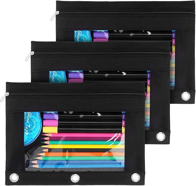 Tamaki 3 Ring Binder Pencil Pouch, Clear Window Pencil Case, Black, 3 Pack