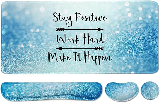 Large Mouse Pad and Keyboard Wrist Rest, Desk Pad for Keyboard and Mouse, 4-in-1 Large Gaming Mouse Pad with Wrist Support for Home Office Study Game-Stay Positive