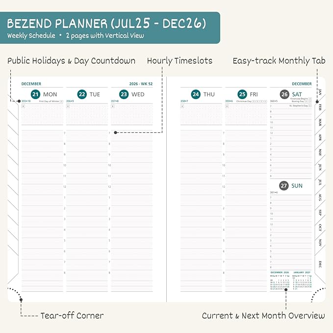 BEZEND Planner 2025-2026 Weekly and Monthly, 8.5" x 11" Academic Calendar (Jul 25-Dec 26) Vertical Daily Appointment with Hourly Timeslot & Monthly Tab, PU Leather Hardcover - Sky Blue
