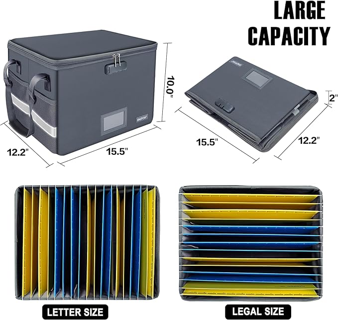 ENGPOW File Box with Lock, Fireproof Document Box with Pockets, Collapsible File Organizer Filing Storage Cabinet with Handle, Portable Home Office Safe for Hanging Letter/Legal Folders,Gray,2 Pack