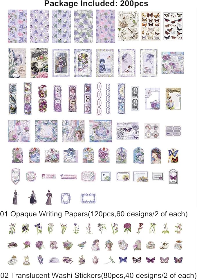 200PCS Vintage Scrapbooking Supplies Pack, Aesthetic Scrapbook Sticker Paper Art Journaling Kit for Bullet Junk Journals,Planner,Cottagecore Decor Gifts (Purple Series)