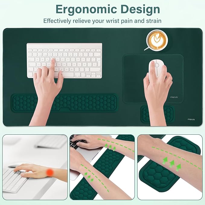 MOSISO Large Gaming Mouse Pad&Massage Keyboard Wrist Rest&Mousepad&Wrist Rest&Coaster,Ergonomic Non-Slip Base Pad Set&Pain Relief Easy Typing Cushion with Memory Foam for Home Office, Peacock Green