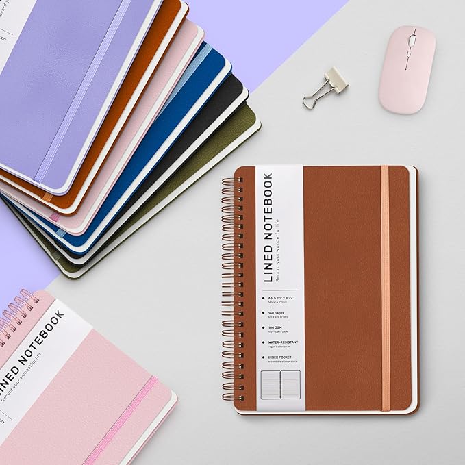 Lined Spiral Journal Notebook, A5 Hardcover Leather Notebook for Work, 5.7''×8.2'', 100GSM Thick Paper Spiral Bound Journaling Notebooks for Women & Men Office School Note Taking Business, Brown