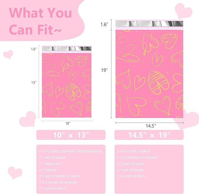 Thank You Poly Mailers 14.5x19 Inch 50 Pcs - Heart Printed Shipping Bags, 2.4mil Thickness, Waterproof and Tear Resistant Mailing Envelopes, Self-Sealing Packaging Bags for Clothing