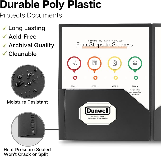 Dunwell Plastic Folders with Pockets (Black, 3 Pack), 2 Pocket Poly Folders for School, Home or Office, Durable Acid-Free Poly, Includes Removable Adhesive Labels