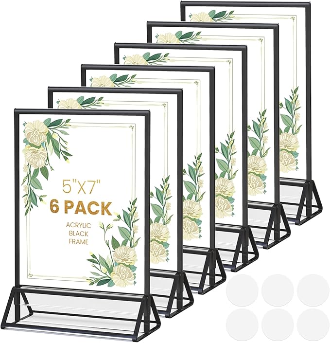 Acrylic Sign Holder 5X7 Black Picture Frame Double-Sided Acrylic Frames for Wedding Table Numbers Photo Frames Flyers Menu with Removable Sticky Dots-6 Pack