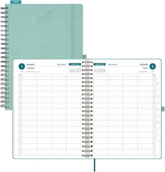 BEZEND Appointment Book 2026 Daily Planner, Quarter-Hourly in 4 Columns (Large-8.25" x 11.75") Page per Day Even Weekend, Monthly View with Tab & Weekly Schedule, PU Leather Softcover in Mint Green