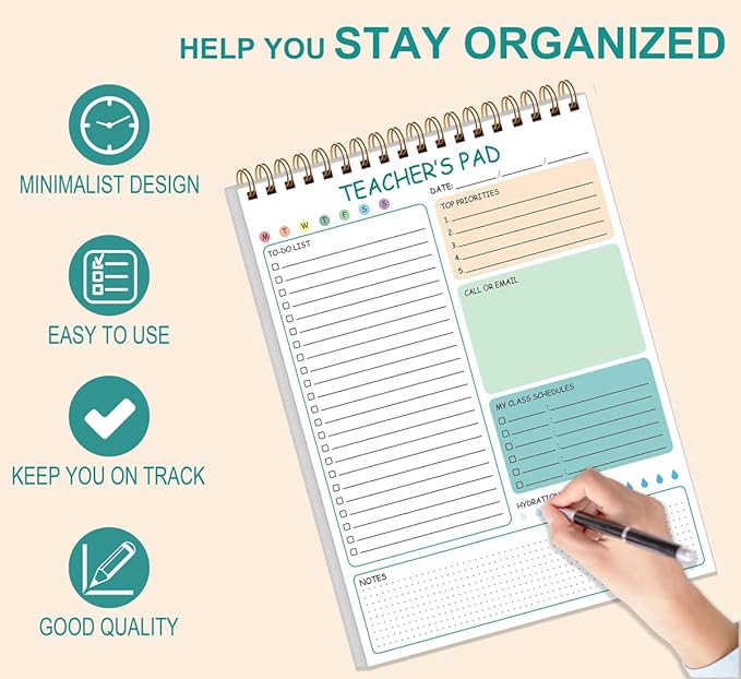 Teacher Notepad - A4 Teacher To Do List Notepad, Spiral Checklist Notebook Organizer for Teachers Notes Task Appointment, Teacher Appreciation Gifts, 8'' x 11'', Green