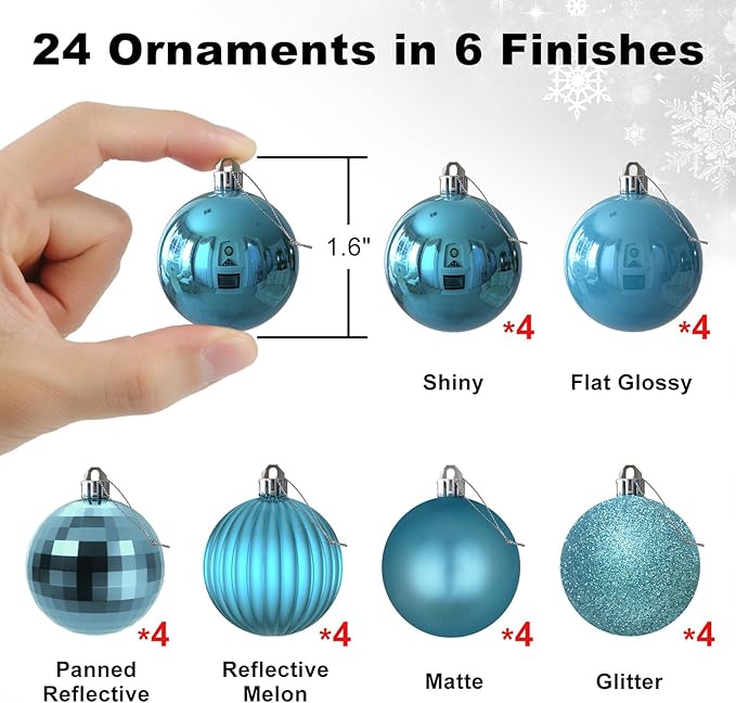 Baby Blue 1.6" Small Christmas Balls Christmas Tree Decoration Ornaments Shatterproof Hanging Balls for Birthday Halloween Holiday Wedding Decorations Set of 24pcs