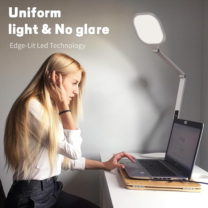 LED Desk Lamp for Home Office, Desk Light for Video Call, 3 Color Temperature 10 Brightness Computer Light, Dimmable Led Desk Light with Memory & Timer Func, Metal Swing Arm Architect Desk Lamp White