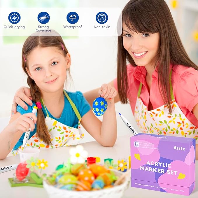 Arrtx 30 Colors Acrylic Paint Pens for Rock Painting, Extra Fine Tip Paint Markers for Rock Painting, Ceramic, Glass, Canvas, Mug, Wood, Easter Egg, Waterproof Paint DIY Crafts Making 30B