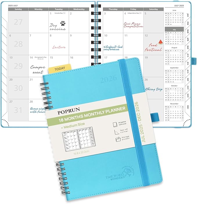 POPRUN Monthly Planner 2025-2026 Spiral Bound (6.5" x 8.5") 18 Months Calendar (Jul 2025 - Dec 2026) - 4 Pages per Month with Monthly Expense & Notes, Sunday Start, Leather Cover - Blue Green