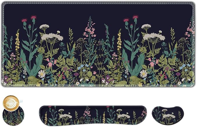 AIMSA Large Gaming Mouse Pad Set, Keyboard Wrist Rest Support + Extended Mouse Pad + Mouse Wrist Cushion + Coaster, Ergonomic Multifunctional Desk Mat 35x15.7in Anti-Slip Rubber Base (Flowers Plants)
