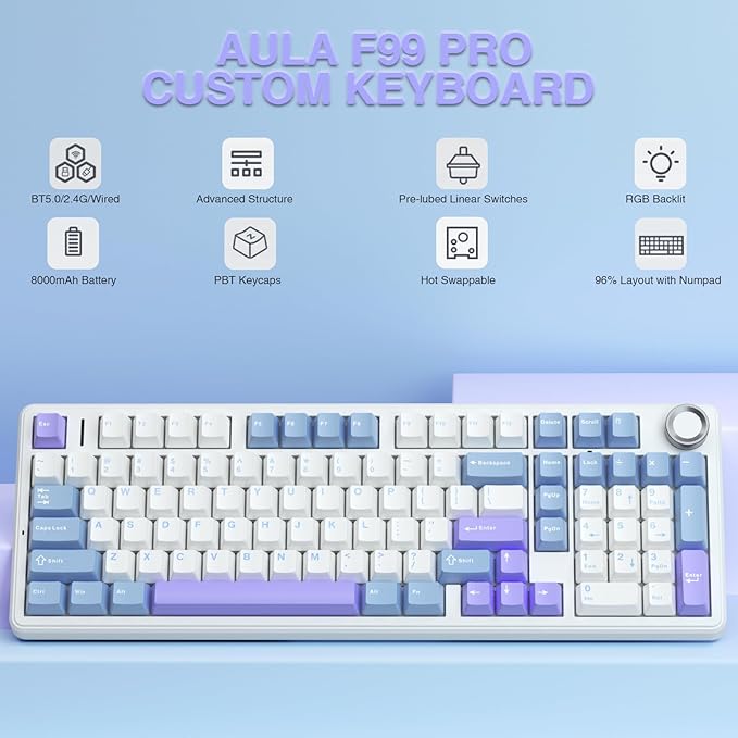 AULA F99 Pro Wireless Mechanical Keyboard with Knob,Tri-Mode BT5.0/USB-C/2.4GHz Hot Swappable Keyboard,Pre-lubed Switches,RGB Backlit Computer Gaming Keyboards (White&Blue&Purple)