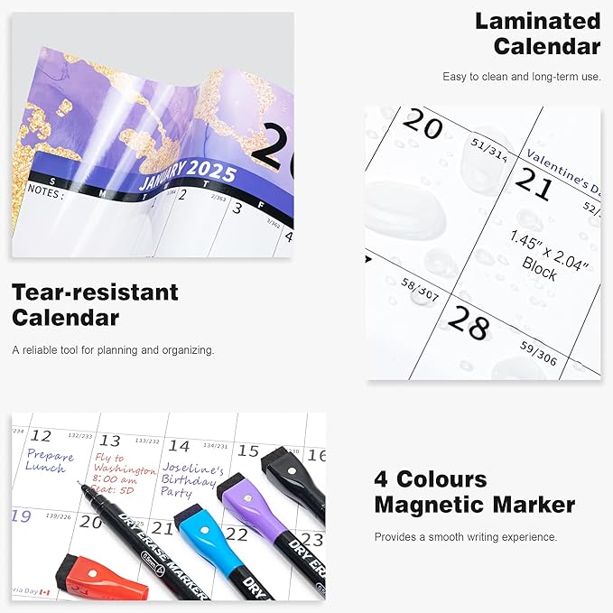 Ospelelf Large Dry Erase Calendar for Wall - 32'' x 48'' Vertical Calendar Laminated Yearly Family Calendar for Office, Use Jan 2025 - Dec 2026 (Marble)