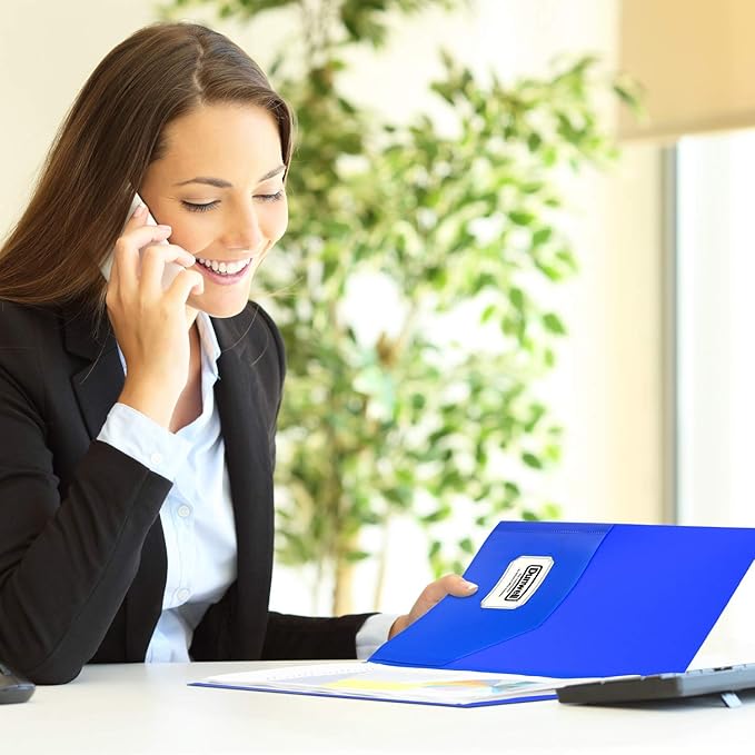 Dunwell Plastic Folders with Pockets (Blue, 3 Pack), 2 Pocket Poly Folders for School, Home or Office, Durable Acid-Free Poly, Includes Removable Adhesive Labels