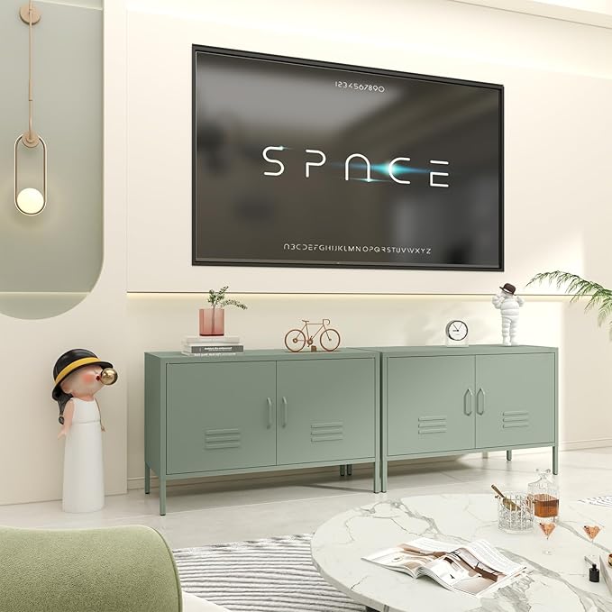 Metal Storage Cabinet,Short TV Cabinet with Storage,Modern TV Stands for Bedroom,Classroom,Green