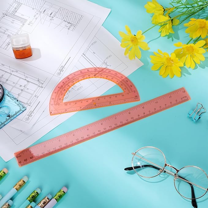 Zonon 2 Pack 12'' Plastic Ruler and 6'' Plastic Protractor Set Clear Ruler Protractor Set Math Geometry Supplies for School Classroom Home Office Drawing(Orange)