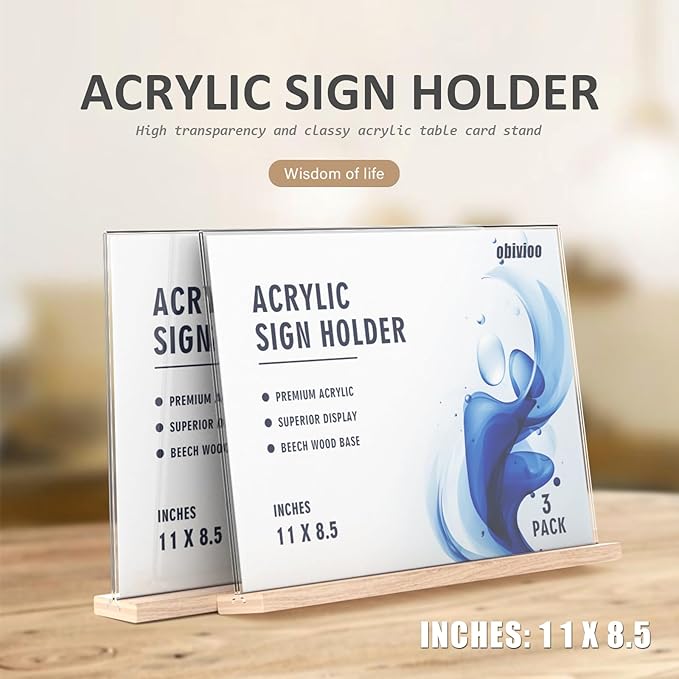 Acrylic Sign Holder 11x8.5 with Wood Base,T-shape Table Display Stands for Office,Store,Restaurants and Event use,Flyer Holder for Ads, Menu, Picture(3 packs,horizontal-L11*H8.5inches)