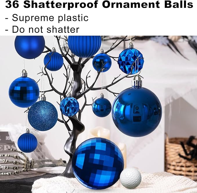 Royal Blue Christmas Ornaments - Christmas Tree Decorations Shatterproof Hanging Balls for Birthday Wedding Holiday Decor Set of 36pcs, Multi-Sizes(1.6",2.5",3.2")