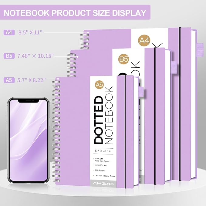 AHGXG Bullet Dotted Journal - Dot Grid Spiral Notebook 8.5" x 11", A4 Large Dotted Notebook, 100 GSM Thick Paper, Waterproof Plastic Cover Journals for Bullet Journaling, Sketching, Purple