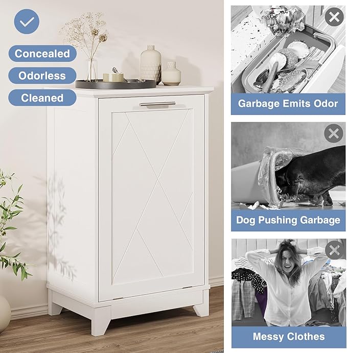 Tilt Out Trash Cabinet, Kitchen Trash Can Cabinet w/Negative ion and deodorizing Function, Dog Proof 20 Gallon Garbage Can Cabinet for Kitchen, Bathroom, Living Room, White