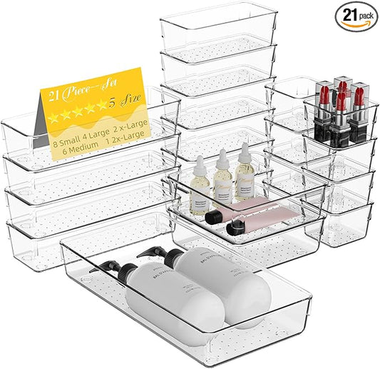 21 PCS Clear Plastic Drawer Organizer Set, 5 Sizes Acrylic Drawer Storage Trays Non Slip Storage Bins for Makeup, Jewelry, Gadgets for Kitchen, Bedroom, Bathroom, Office