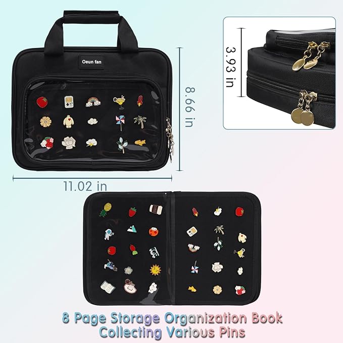 Enamel pin display bag, 8-page pin trading book, collectible pin board, suitable for storing pins, brooches, patches (black)