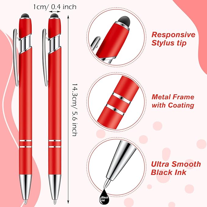 Zonon 38 Pieces Rubberized Ballpoint Pen with Stylus Tip Stylish Metal Pen Capacitive Styli with Soft Rubberized Grip, Black Ink for Most Devices(Red)