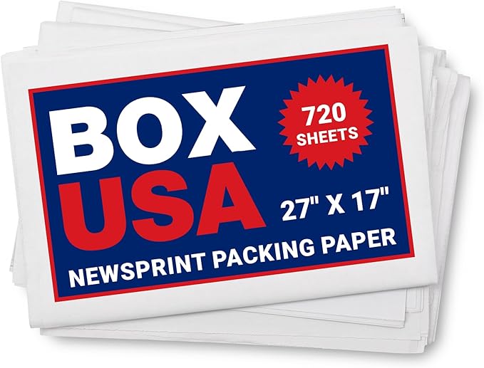 BOX USA Newsprint Packing Paper Sheets 720 Sheets (20 lbs.) Pre-Cut 27" x 17" Large Packing Paper Sheets for Moving, Shipping & Storage, Perfect Moving Supplies