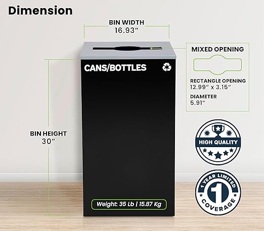 Alpine Commercial Indoor Recycle Bin - 29 Gallon Modern Looking Black Recycle Bin, Office Recycling Bins, Metal Trash and Recycling Container with Stickers & 3 Optional Lids (lid Sold Separately)