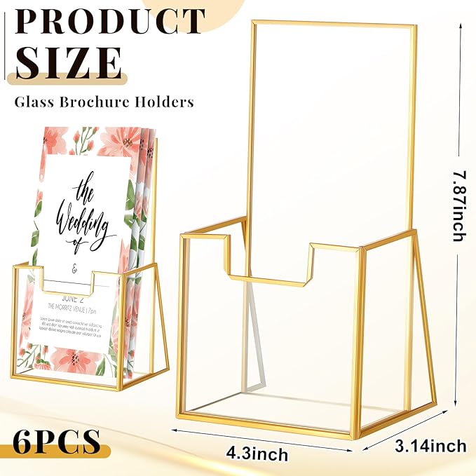 6 Pcs Gold Glass Brochure Holder 4 Inch Tabletop Literature Holder Stand Clear Trifold Pamphlet Flyer Brochure Display Stand for Magazine Booklets Menu Journals