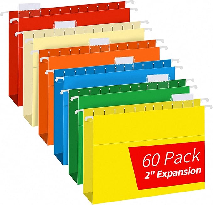 Extra Capacity Hanging File Folders, RAZCC 60 Pack Letter Size Reinforced Hanging Folders with Heavy Duty 2 Inch Expansion for Bulky Files, Filing Cabinet, Adjustable Tabs, Assorted Colors