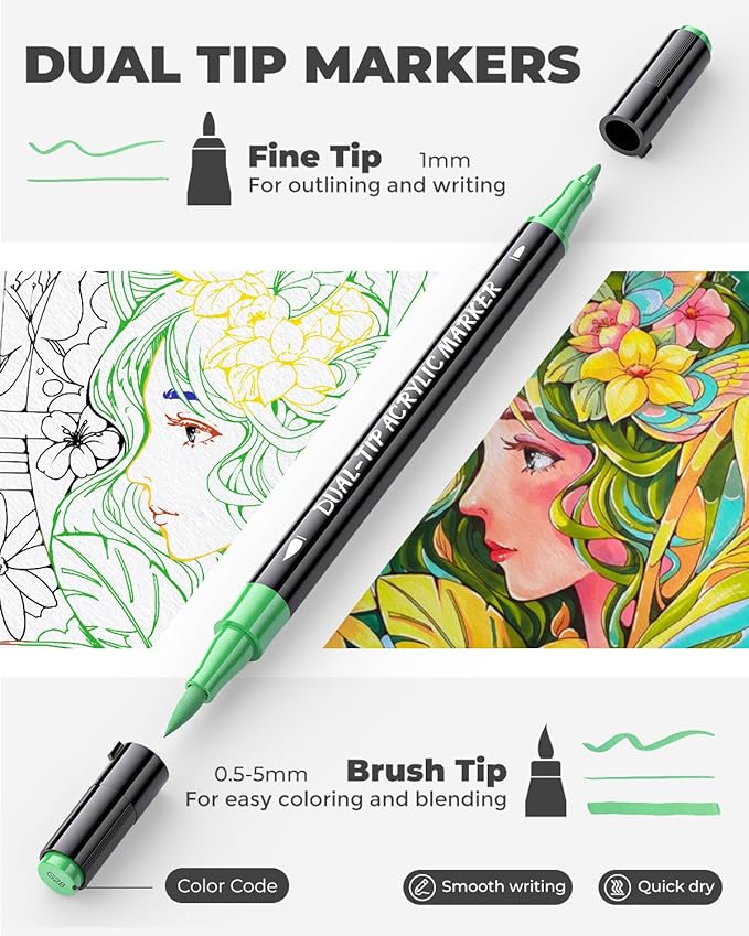 JusArt 48 Colors Acrylic Paint Markers Set With Bag, Dual Tip with Brush Tip and Fine Tip Paint Pens for Rock Painting, Wood, Egg, Canvas, Glass, Stone, Ceramic, DIY Crafts Professional Art Supplies