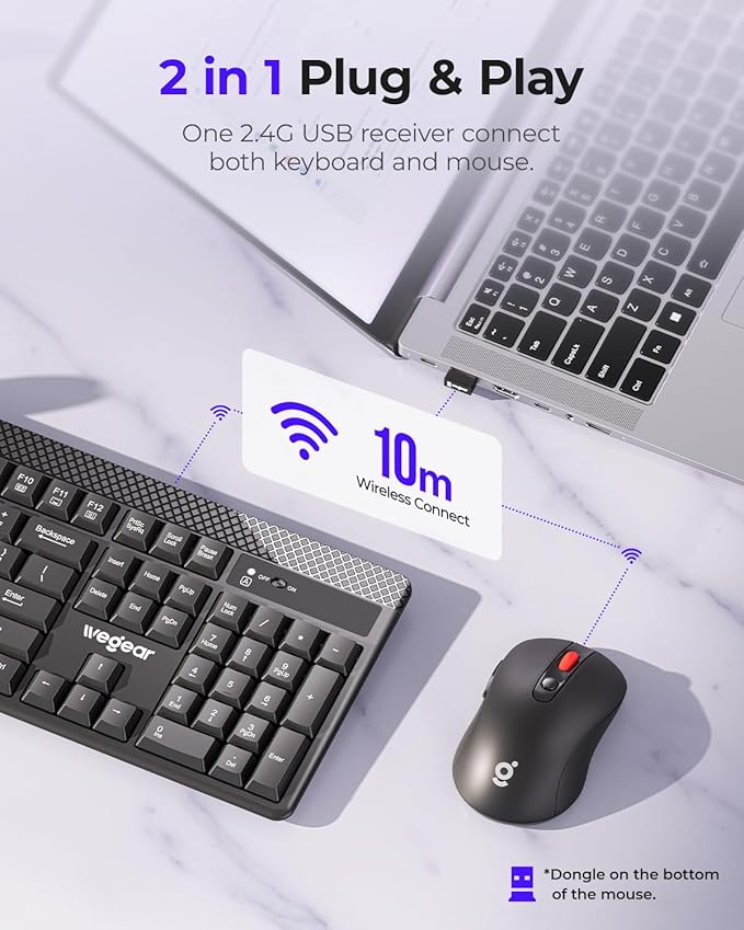 Wireless Keyboard and Mouse Combo, 5-Level Adjustable 4000 DPI Mouse, Quiet 2.4G Full Size Keyboard with 8 Additional Shortcuts, Silent Typewriter for PC, Desktop, Laptop, MacBook
