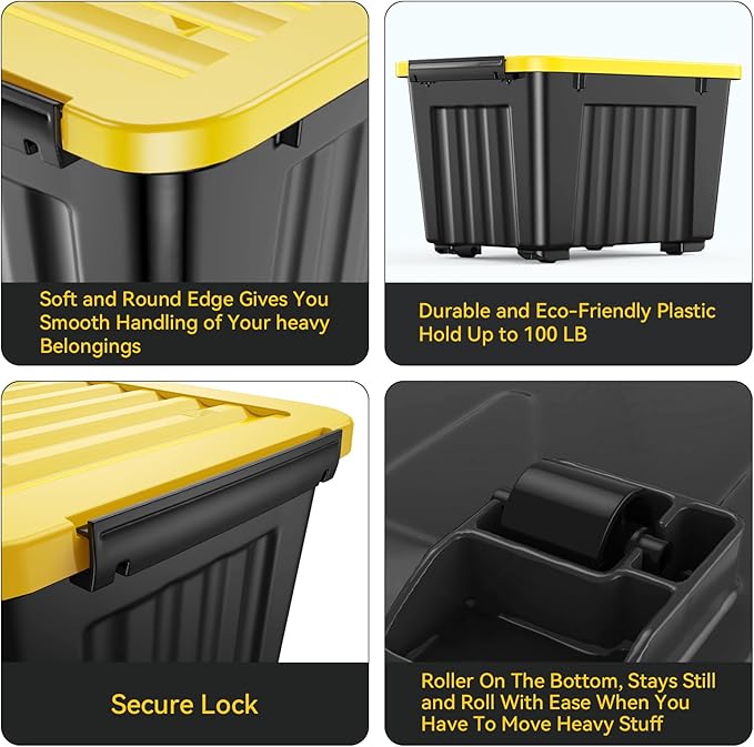 Nazhura 72 Quart Plastic Storage Bin, Stackable and Nestable Storage Boxes with Yellow Lids and Secure Latching Buckles, Large Storage Container (Black/Yellow, 72Quart-4Pack)
