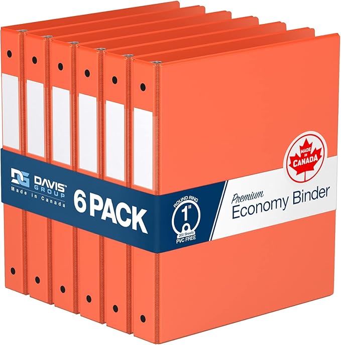 Premium Economy 6-Pack 3-Ring Binders for School or Office, Round-Ring Binders, 1 Inch, Orange