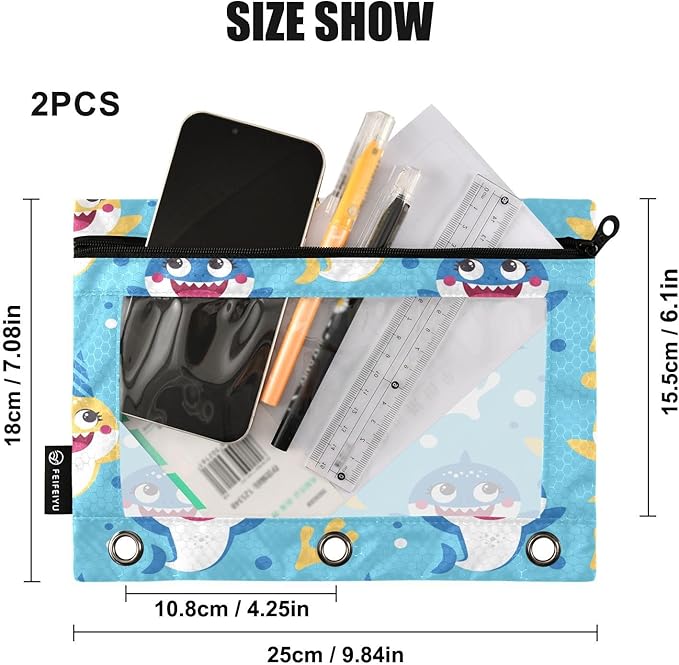 Cute Shark Pencil Pouch for 3 Ring Binder, 2 Pack Waterproof Pencil Bags Clear Window Zipper School Office Supplies