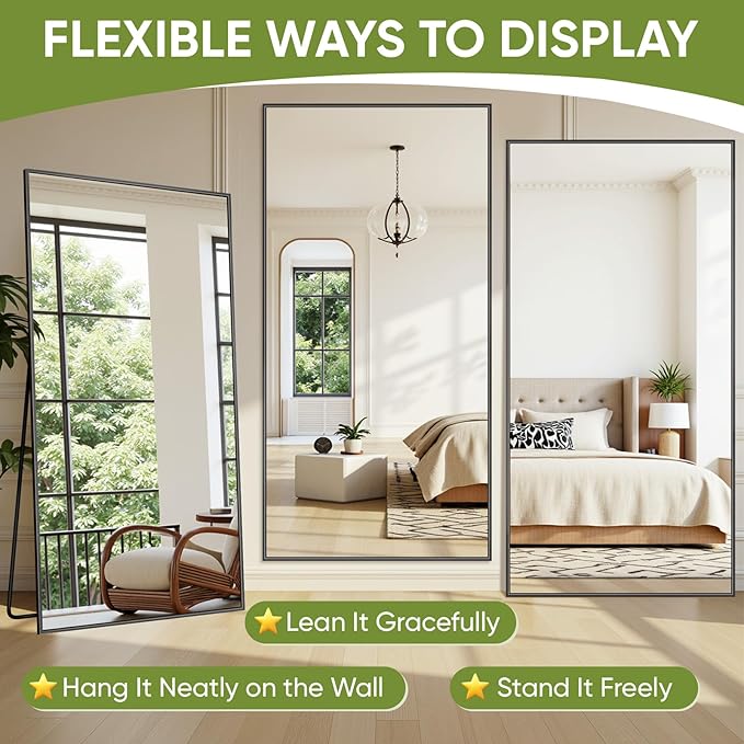 Full-Length Floor Mirror with Stand, 58"x21" Rectangle Style Full Body Standing Mirror for Bedroom, Living Room, Gym, Dorm - Shatter-Resistant & Easy Assembly, Black