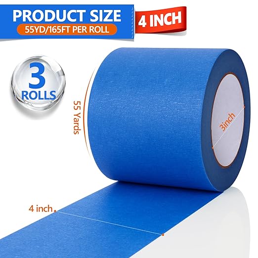 NEOACT 3 Rolls Blue Painters Tape - 4 Inch x 55 Yards Painters Tape,Multi-Surface No Residue Masking Tape for Painting,Home Improvement,Automotive,DIY Craft Arts