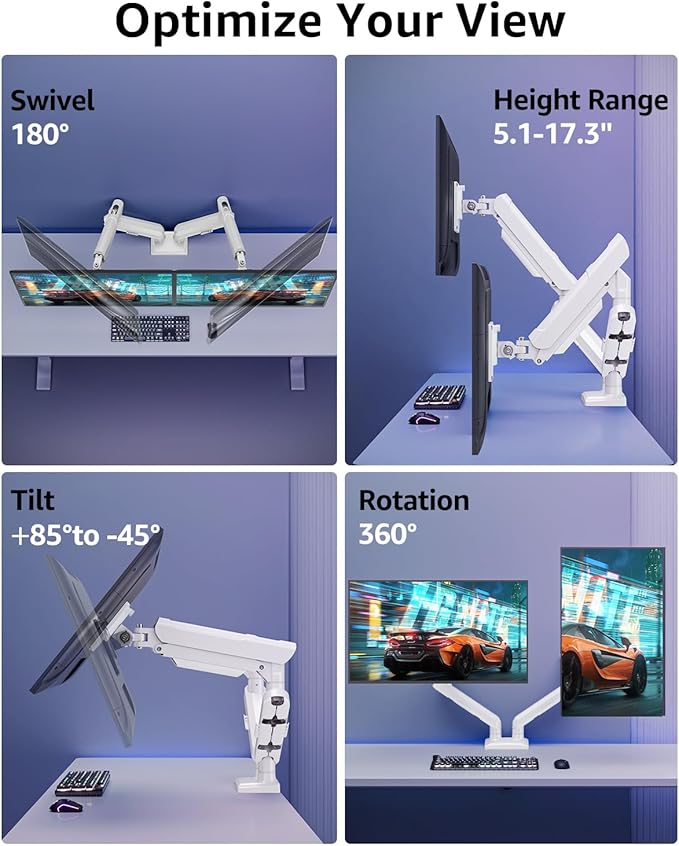 Dual Monitor Mount for 32 27 24 22inch Screens, Gas Spring Monitor Stand for 2 Monitor, Full Adjustable Monitors Desk Mount with C-Clamp＆Grommet Base, Each Arm Holds 4.4-22 lbs, Freelift Pro White