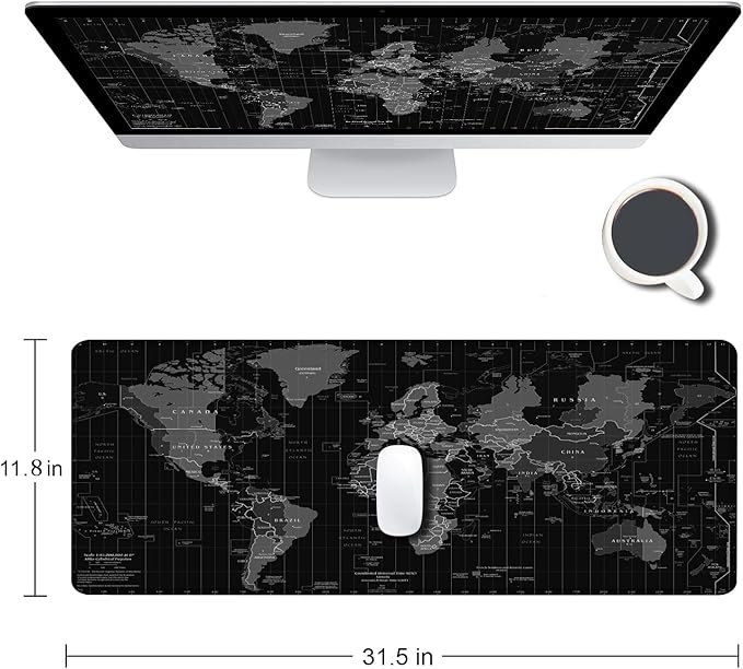 Large Gaming Mouse Pad, Long Mouse Pads for Desk, Desk Keyboard Mouse Mat, Non-Slip Base Mousepad for Laptop, Office, Home, 31.5" x 11.8"- Black World Map