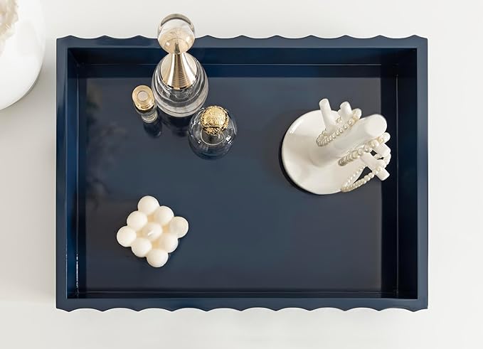 Kate and Laurel Lissi Decorative Rectangle Tray with Wavy Design, 16 x 12, Navy Blue, Modern Scalloped Serving Tray for Coffee Table Ottoman, Dining Table, or Entryway Catch-All Tray