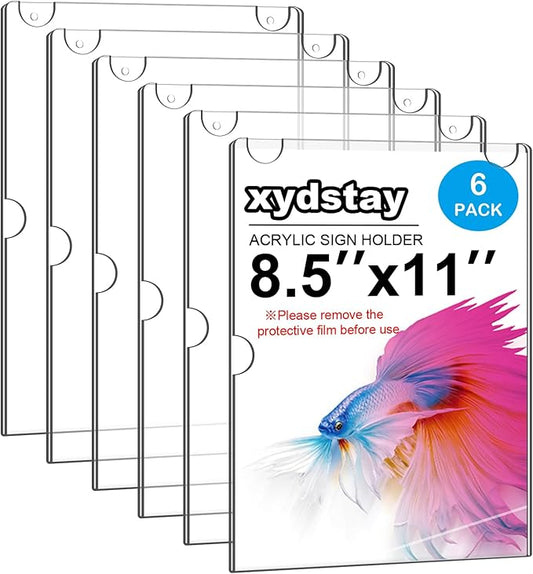 6pack Acrylic Wall Sign Holder with Serews&Tape,8.5 X 11 Wall Mount Clear Plastic Sign Holder,Memo Document Menu Holder for Restaurant, Office, School, Store and Home Use,Support No Drilling