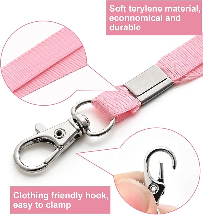 100 Pack Lanyards for ID Badges with Clear Name Tags, Reusable Lanyards Horizontal ID Card Badge Holders Plastic Name Badges for Men Women Kids Business School and Office Supplies (Pink)