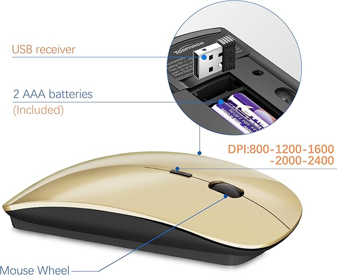 Wireless Keyboard and Mouse Ultra Slim Combo, TopMate 2.4G Silent Compact USB 2400DPI Mouse and Scissor Switch Keyboard Set with Cover, 2 AA and 2 AAA Batteries, for PC/Laptop/Windows/Mac - Gold Black