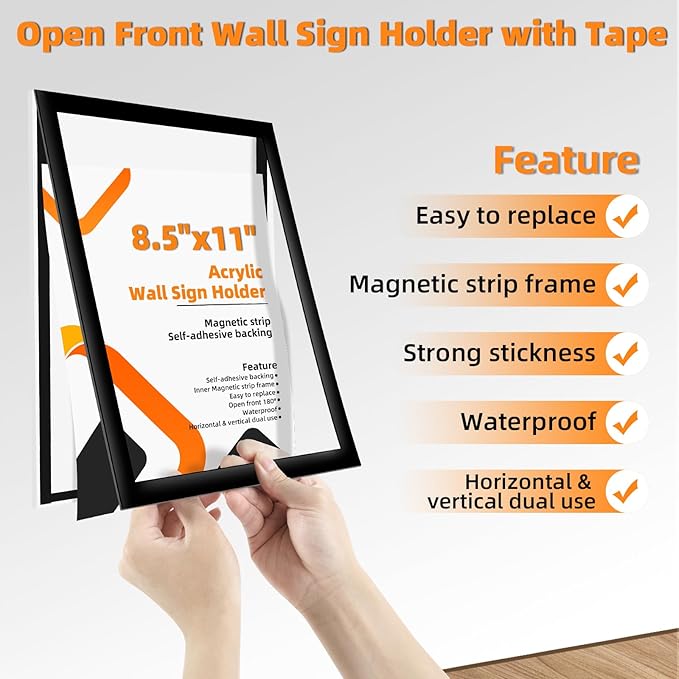 12 Pack 8.5x11 Acrylic Sign Holder Wall Mount with Framed Border, Peel & Stick Adhesive & 180° Flip Design - Single-Sided Clear Plastic Display for Menu, Poster, Flyer (Horizontal/Vertical) - Office, Home, Restaurant,No Drilling