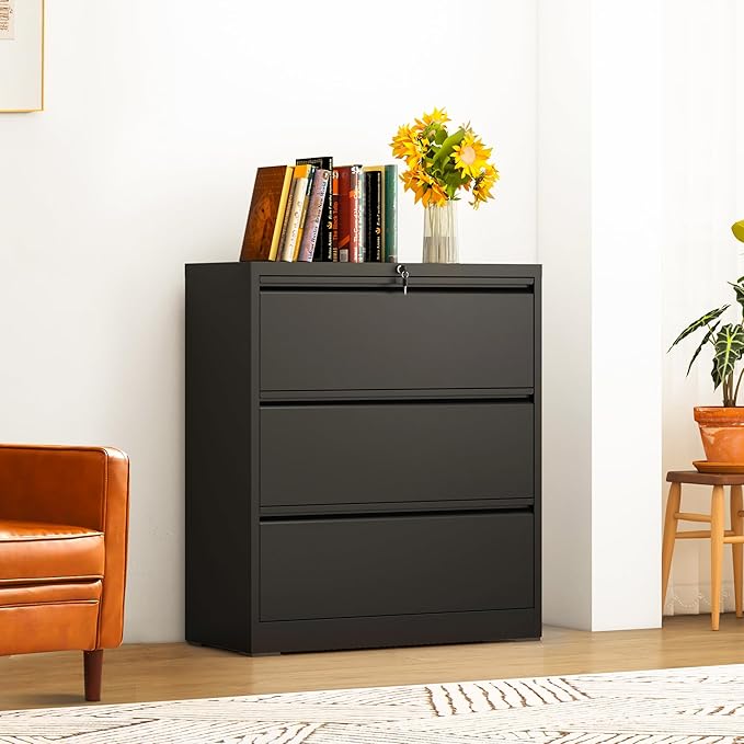 3-Drawer Lateral File Cabinet with Lock, Black Metal Filing Cabinet for Office or Home – Secure Storage for Letter/Legal/A4/F4 Documents, Easy to Assemble Locking File Organizer (Black, 3 Drawer-40"H)