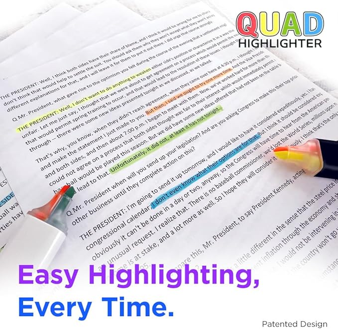 Pikk-it Quad Highlighter - 4 Colours (2 Per Side), Chisel Tip - No Bleed & Quick Dry - Pack of 4